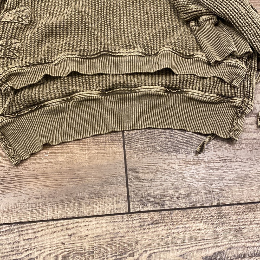 Olive Green Waffle Knit Long Sleeve Tie Top- FP ONE - Picture 3 of 7